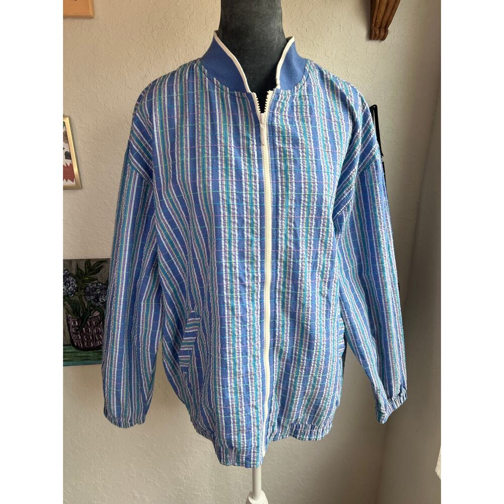 Blast- 90s 80s Quilted Striped Coat- Zip up Medium- blues purple yellow preppy